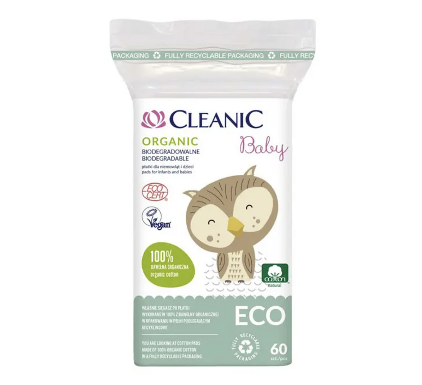 CLEANIC Baby ECO Organic Baby Cotton Pads 60pcs ~ Biodegradable, Vegan
