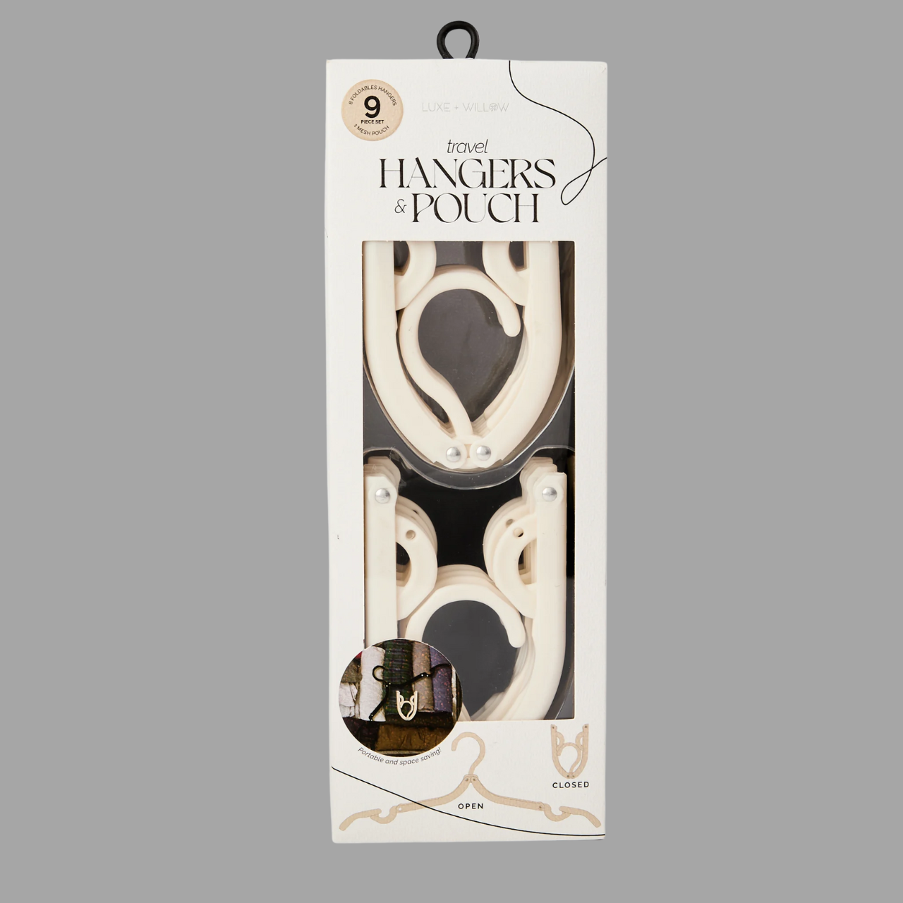 LUXE + WILLOW Folding Travel Hangers and Carrying Pouch (9-piece set) - White